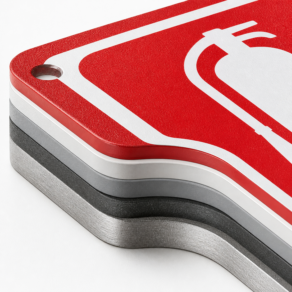 Powder-coated metal signage detail